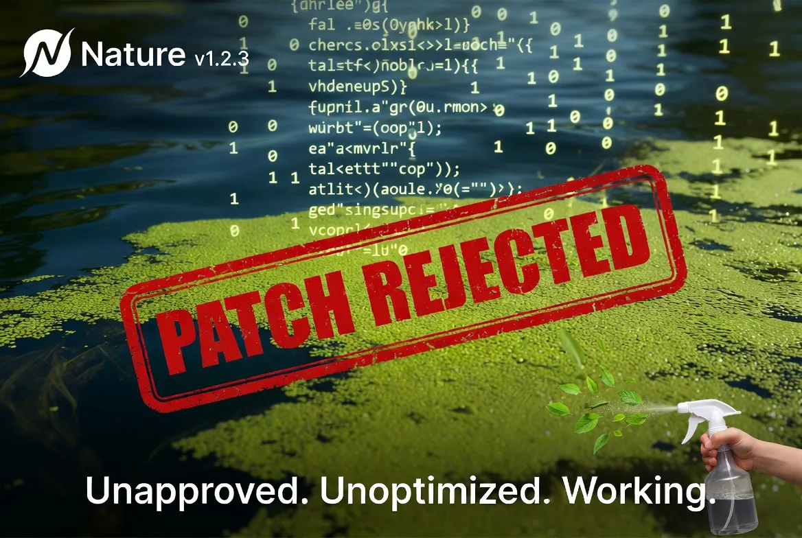 A rejected patch notice over a duckweed-covered pond