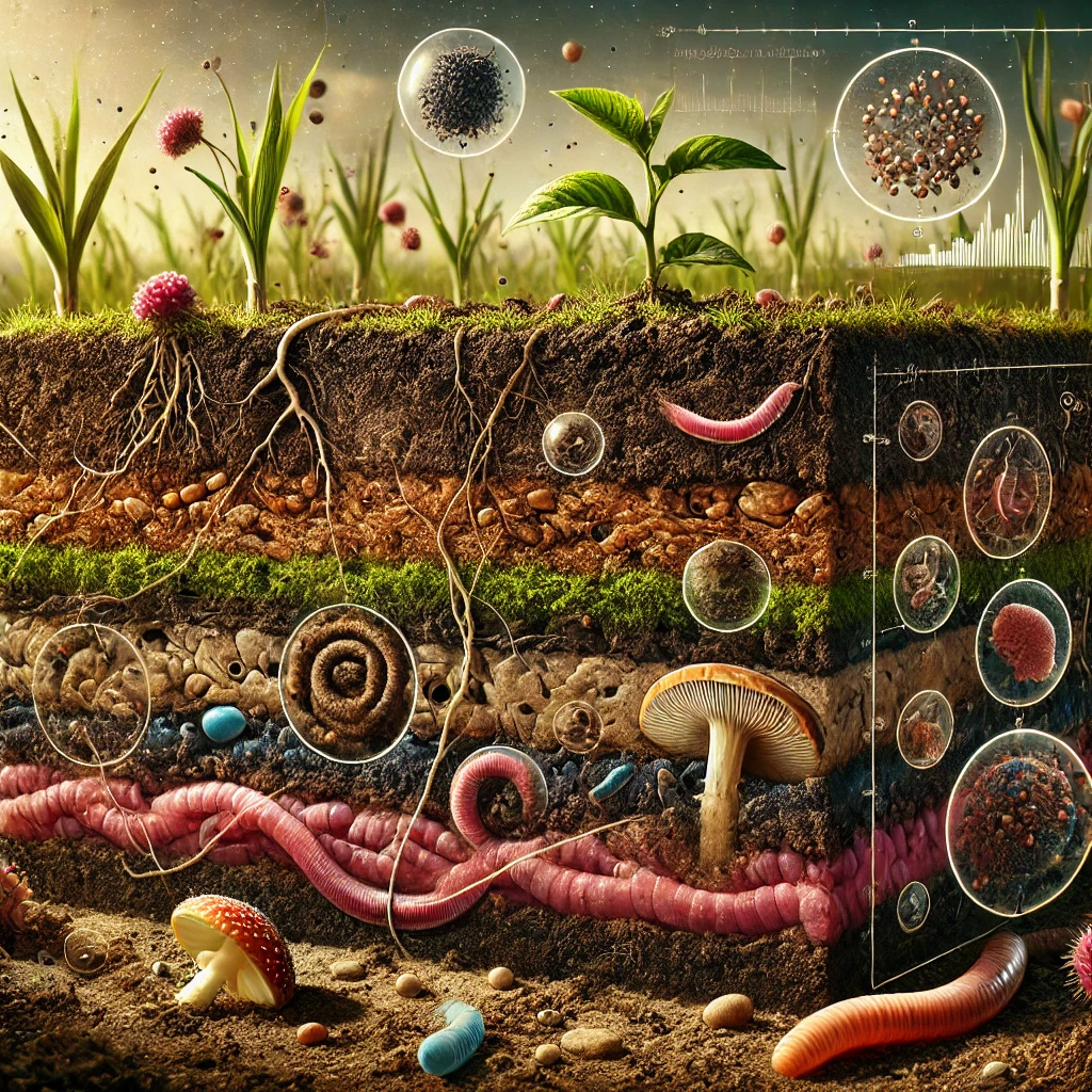 Illustration of soil horizons and life within the rhizosphere