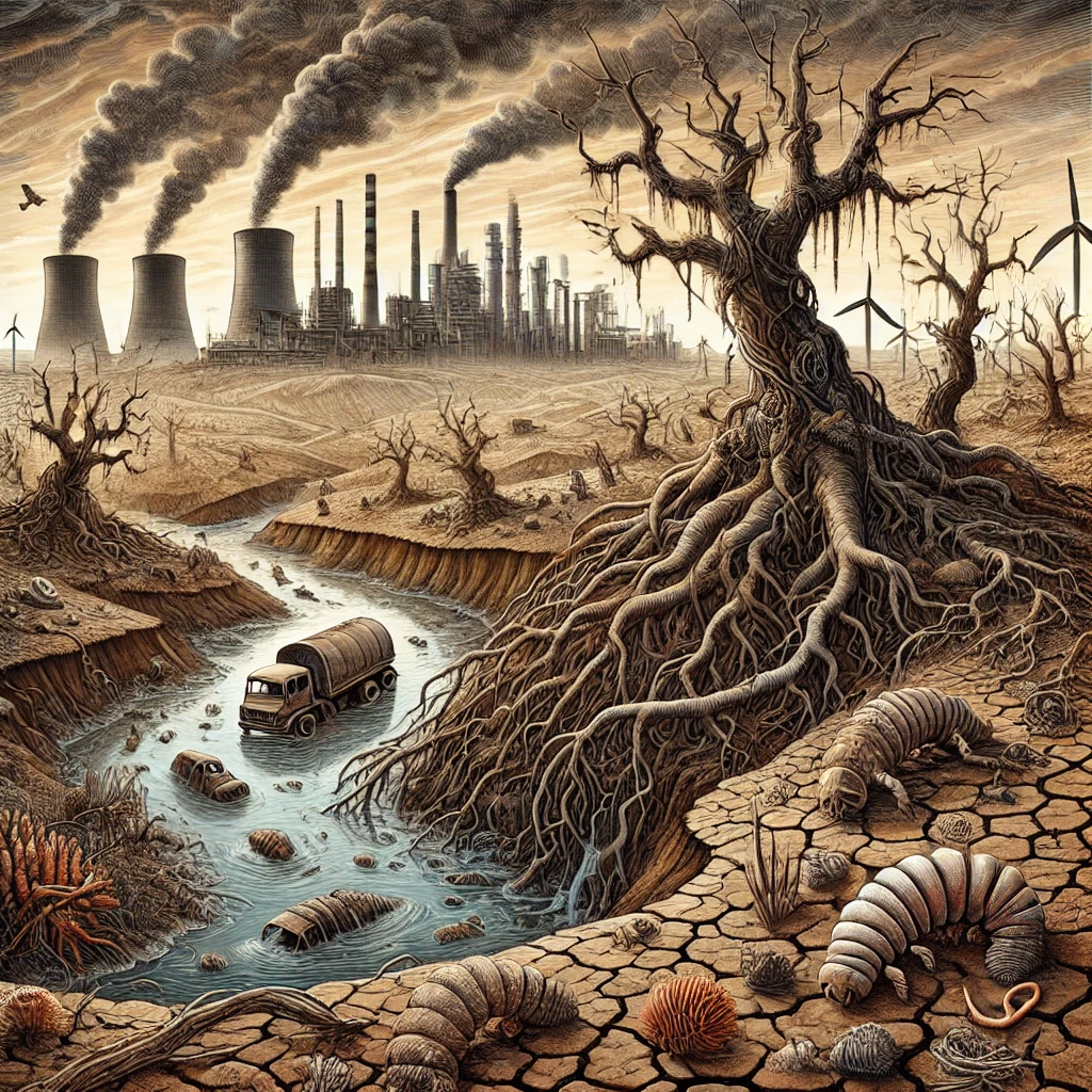 Degraded soil from chemical overuse, monoculture, erosion, deforestation