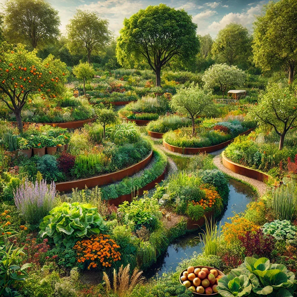 Abstract landscape suggesting water capture, soil building, and curved edges in design